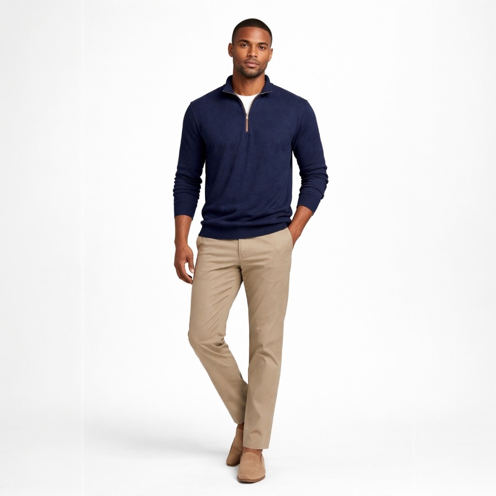 johnnie-O Quarter Zip Sweater L Navy Blue Merino Wool Blend‎ Golf Preppy Office